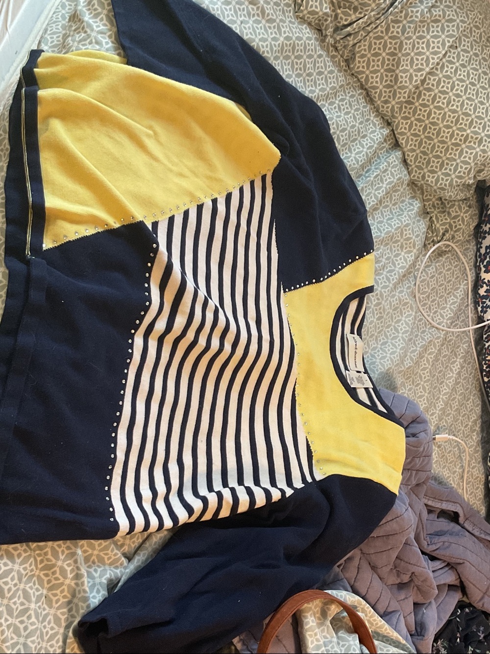 Alfred Dunner Navy, Yellow & White Striped Women's Top